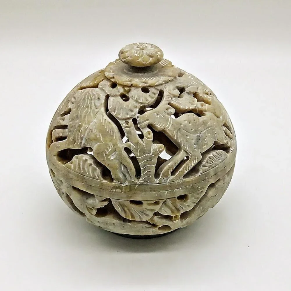 Carved Taupe Soapstone Round Candle Incense Holder